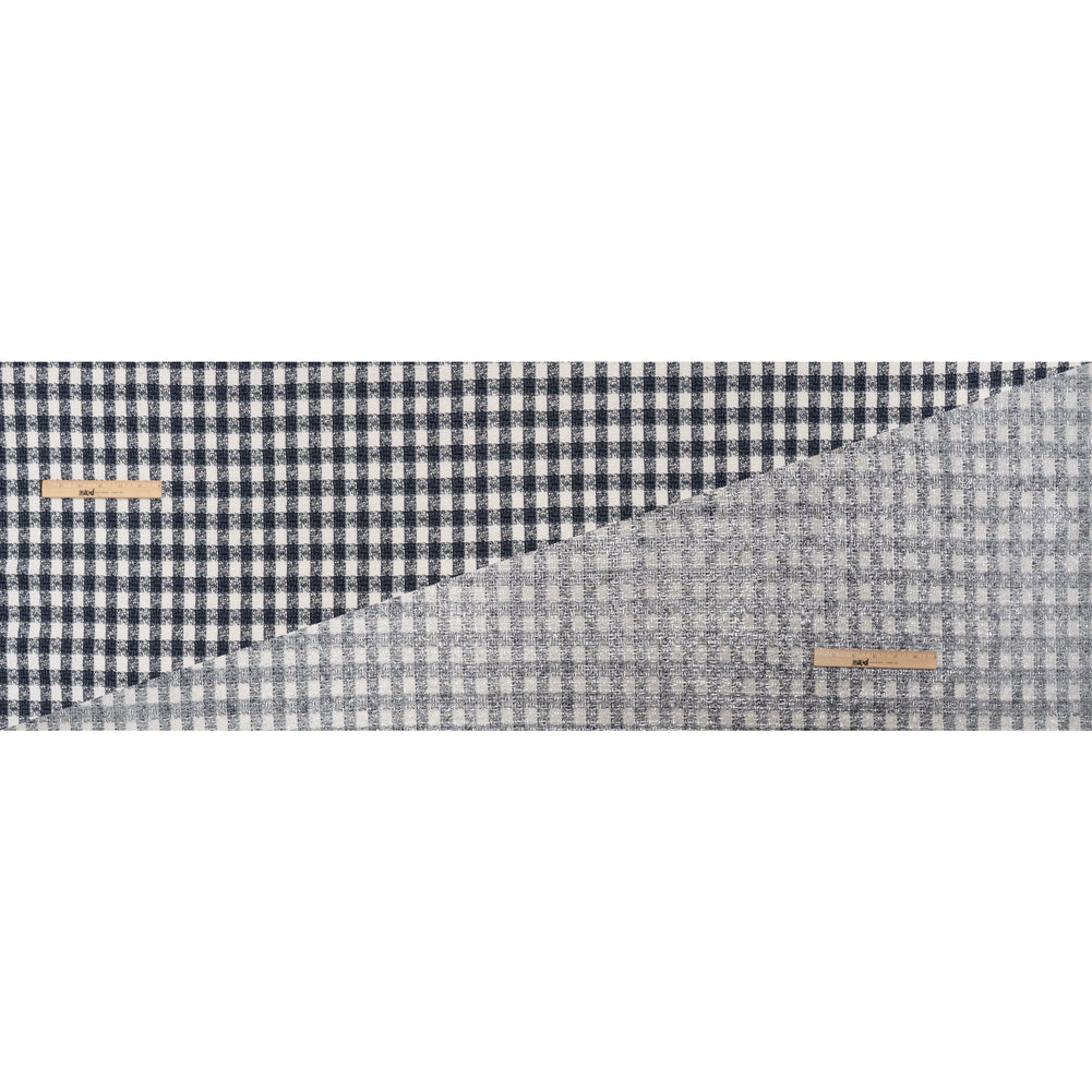 Metallic Foiled Cotton and Polyester Tweed Woven - Cool Blue, Off White and Silver Plaid - Full