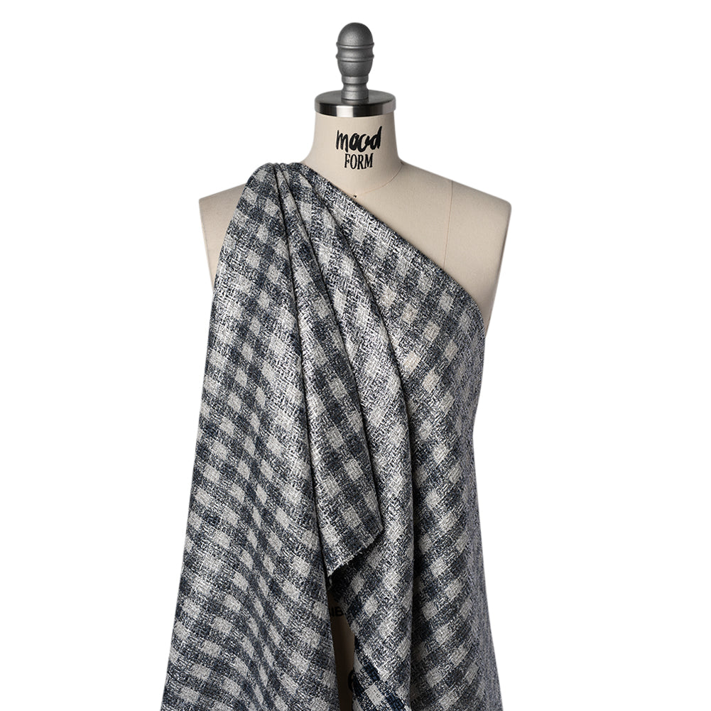 Metallic Foiled Cotton and Polyester Tweed Woven - Cool Blue, Off White and Silver Plaid - Drape