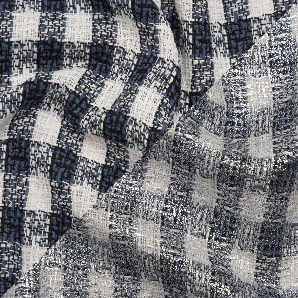 Metallic Foiled Cotton and Polyester Tweed Woven - Cool Blue, Off White and Silver Plaid