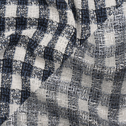 Metallic Foiled Cotton and Polyester Tweed Woven - Cool Blue, Off White and Silver Plaid