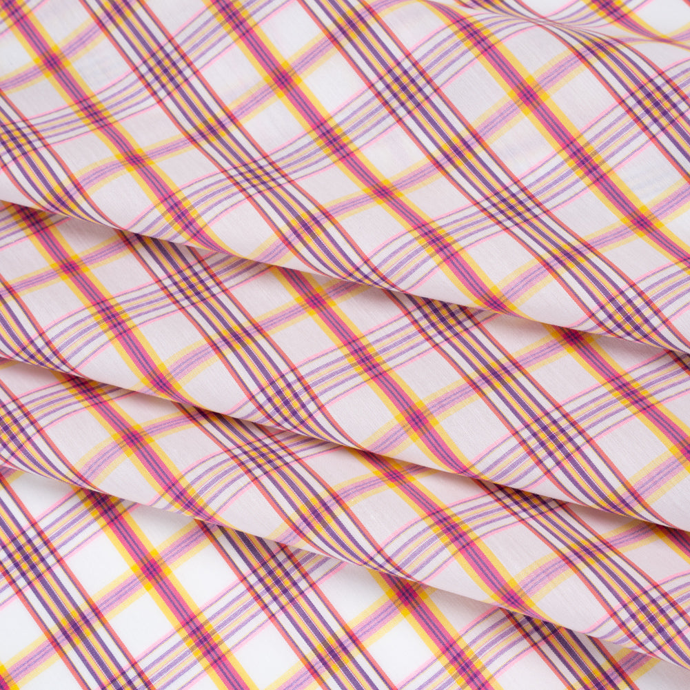 Stretch Cotton and Nylon Shirting Made in Italy - Neon Yellow, Fluorescent Pink and White Plaid - Folded