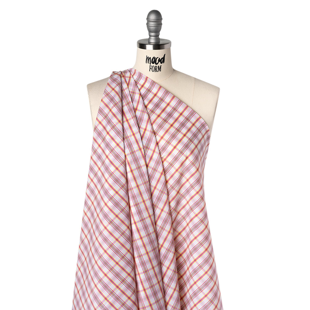 Stretch Cotton and Nylon Shirting Made in Italy - Neon Yellow, Fluorescent Pink and White Plaid - Drape