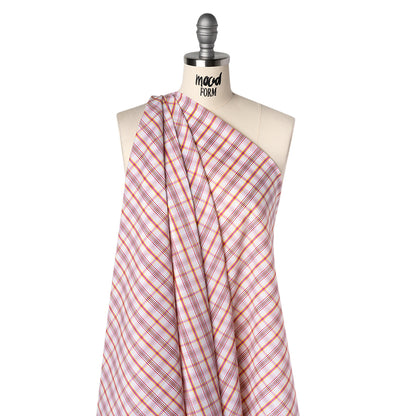 Stretch Cotton and Nylon Shirting Made in Italy - Neon Yellow, Fluorescent Pink and White Plaid