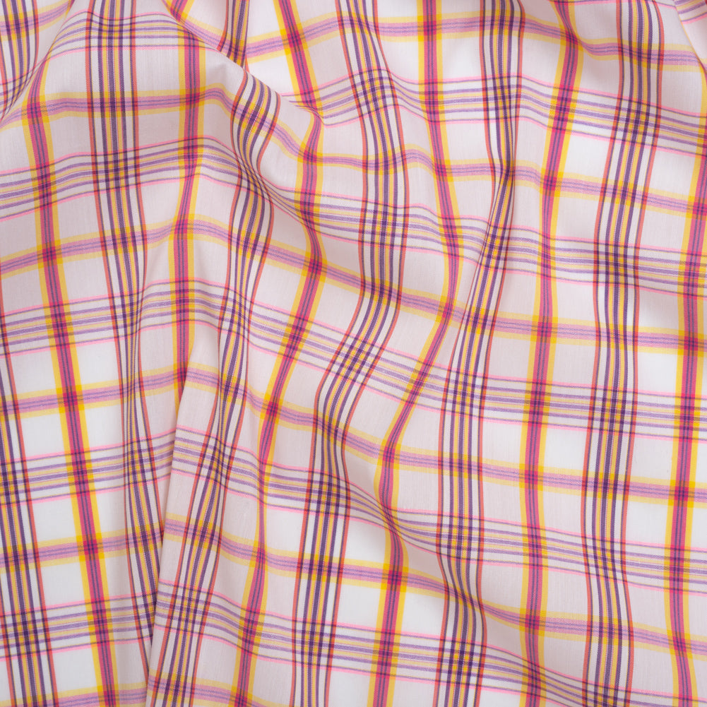 Stretch Cotton and Nylon Shirting Made in Italy - Neon Yellow, Fluorescent Pink and White Plaid