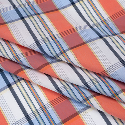 Stretch Cotton and Nylon Shirting Made in Italy - Coral Pink, Light Blue and Metallic Gold Plaid