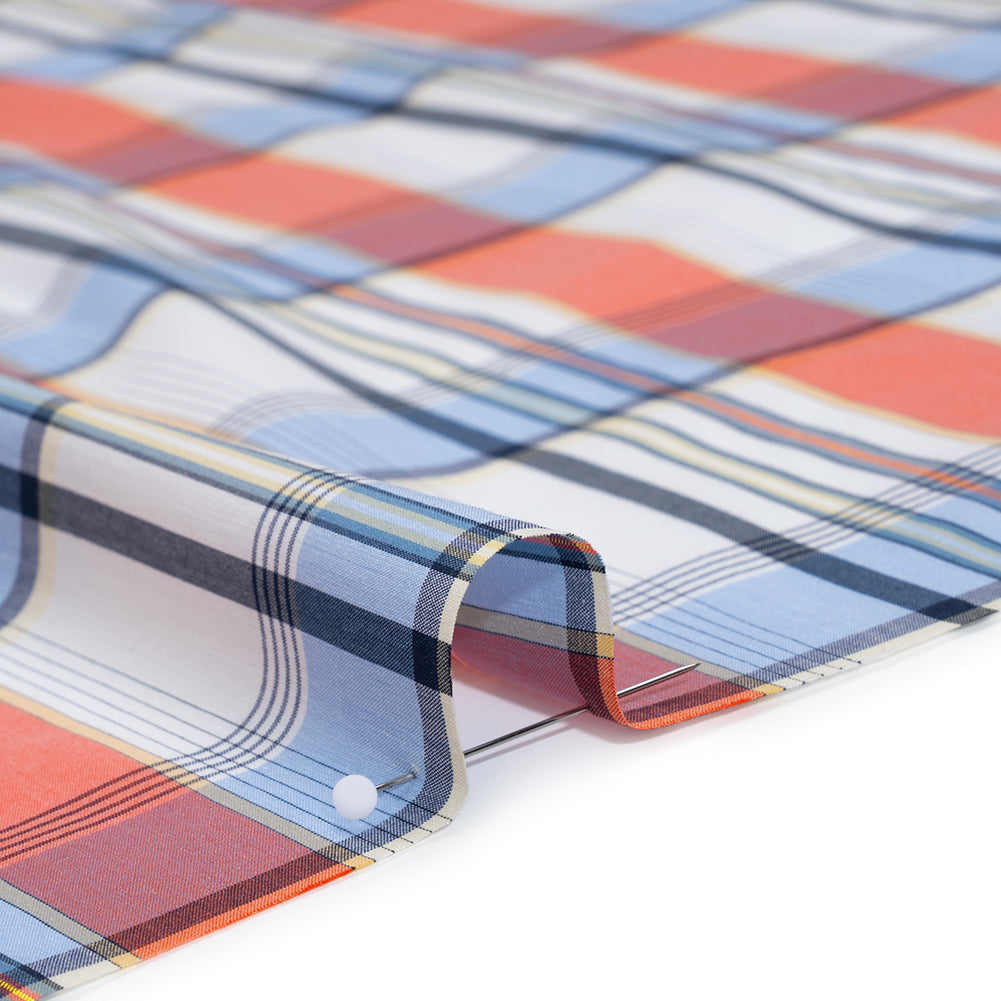 Stretch Cotton and Nylon Shirting Made in Italy - Coral Pink, Light Blue and Metallic Gold Plaid - Detail