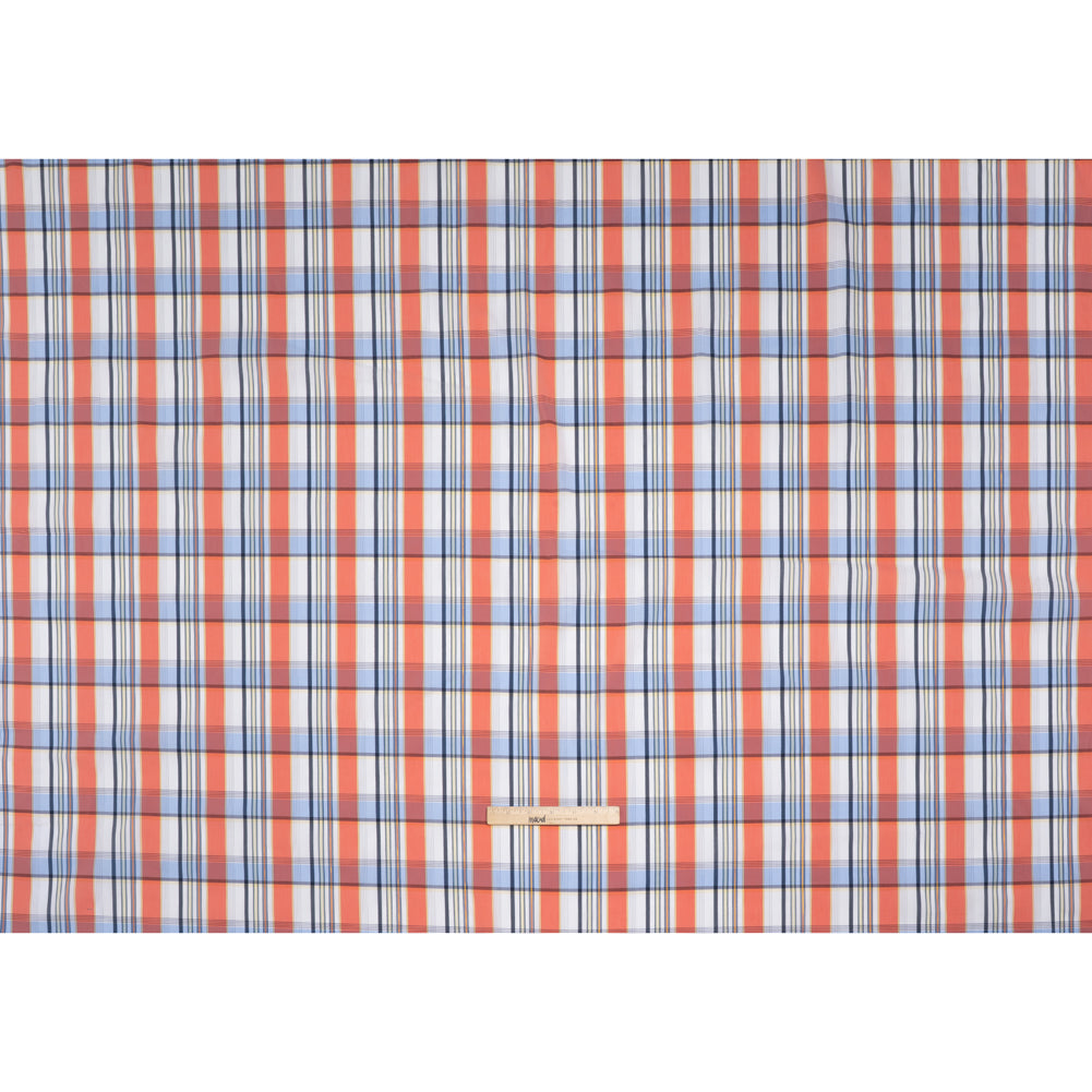 Stretch Cotton and Nylon Shirting Made in Italy - Coral Pink, Light Blue and Metallic Gold Plaid - Full