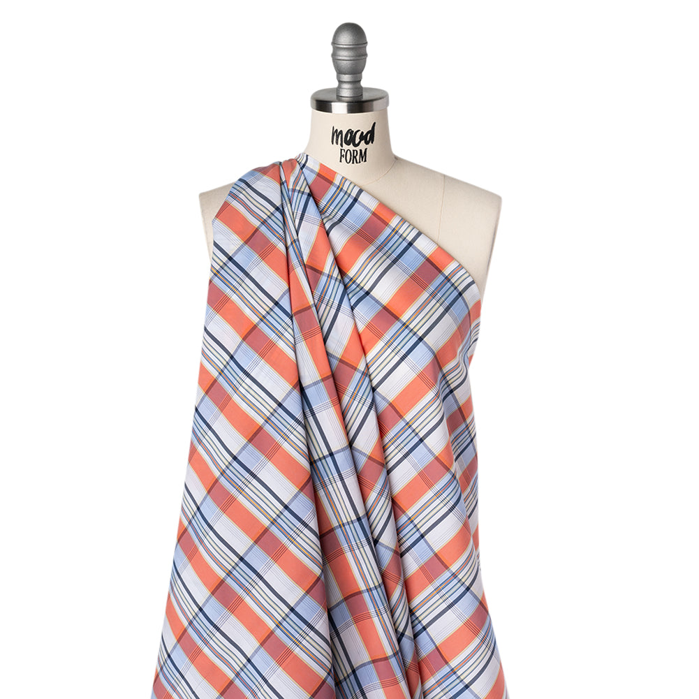 Stretch Cotton and Nylon Shirting Made in Italy - Coral Pink, Light Blue and Metallic Gold Plaid - Drape