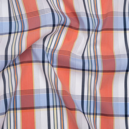 Stretch Cotton and Nylon Shirting Made in Italy - Coral Pink, Light Blue and Metallic Gold Plaid