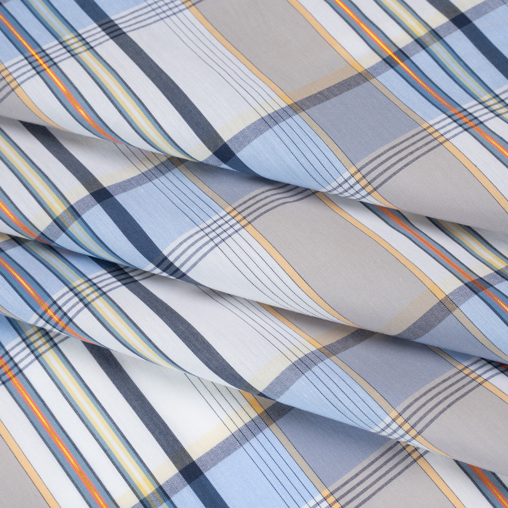 Stretch Cotton and Nylon Shirting Made in Italy - Powder Blue, Beige and Metallic Gold Plaid - Folded
