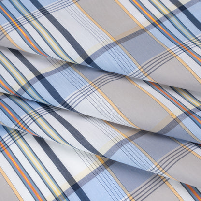 Stretch Cotton and Nylon Shirting Made in Italy - Powder Blue, Beige and Metallic Gold Plaid