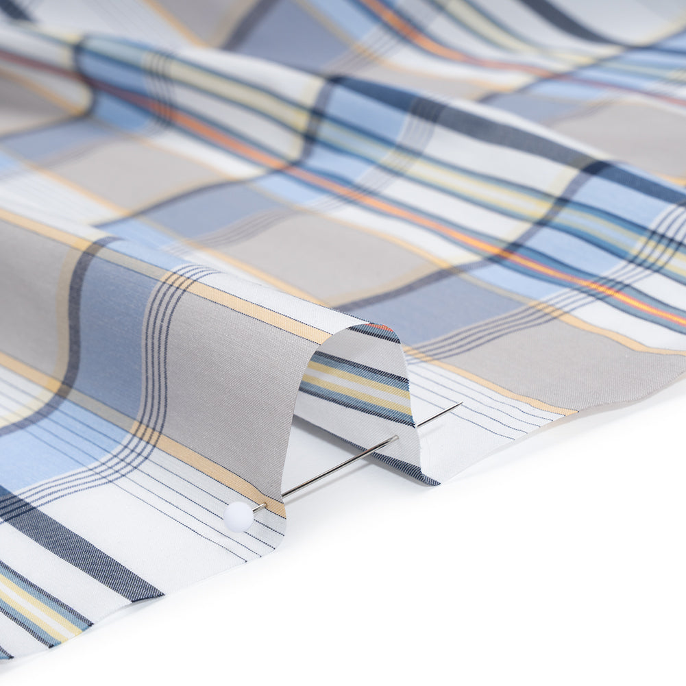 Stretch Cotton and Nylon Shirting Made in Italy - Powder Blue, Beige and Metallic Gold Plaid - Detail