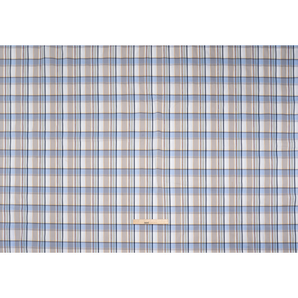 Stretch Cotton and Nylon Shirting Made in Italy - Powder Blue, Beige and Metallic Gold Plaid - Full