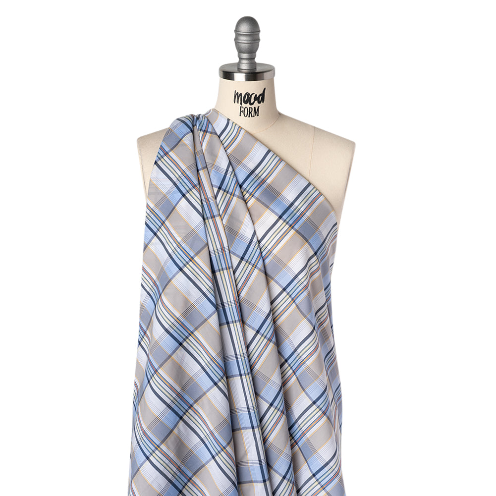 Stretch Cotton and Nylon Shirting Made in Italy - Powder Blue, Beige and Metallic Gold Plaid - Drape
