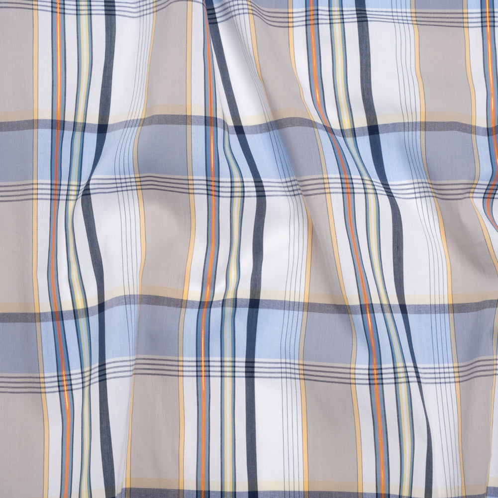 Stretch Cotton and Nylon Shirting Made in Italy - Powder Blue, Beige and Metallic Gold Plaid