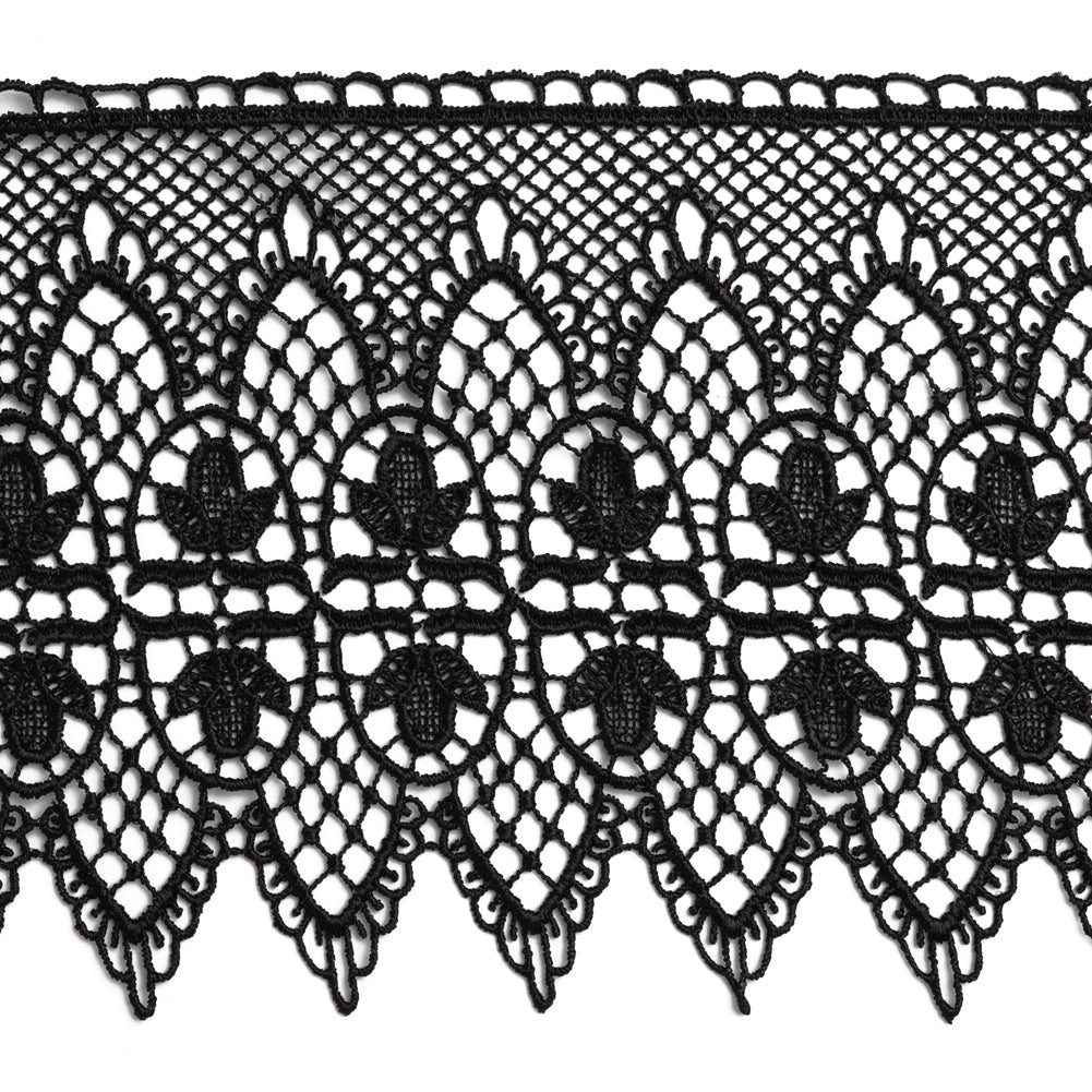 Venise Lace Trim with Scalloped Edge - 4.5" - Black Floral Reflections and Arches - Folded