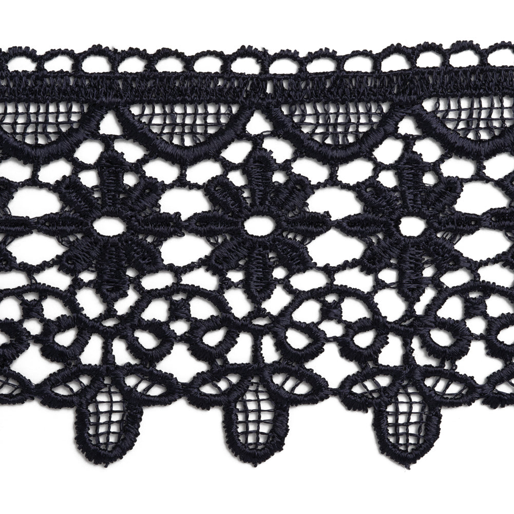 Venise Lace Trim with Scalloped Edge - 3" - Navy Blue Daisies and Leaves - Folded