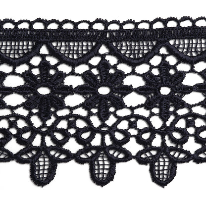 Venise Lace Trim with Scalloped Edge - 3" - Navy Blue Daisies and Leaves