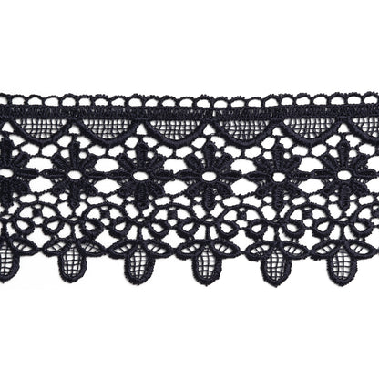 Venise Lace Trim with Scalloped Edge - 3" - Navy Blue Daisies and Leaves