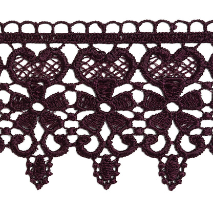 Venise Lace Trim with Scalloped Edge - 2.5" - Rich Plum Purple Flowers and Hearts