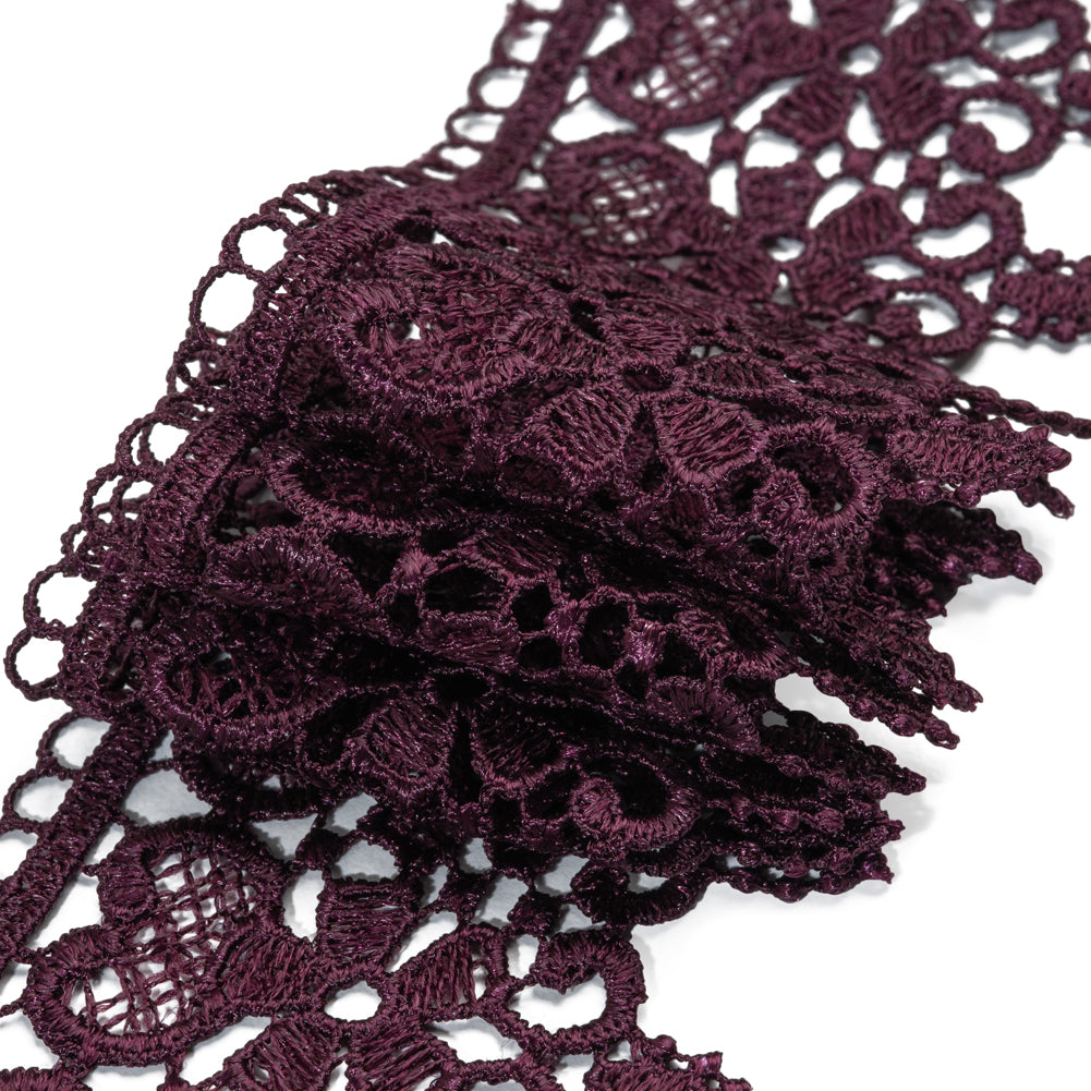 Venise Lace Trim with Scalloped Edge - 2.5" - Rich Plum Purple Flowers and Hearts - Detail