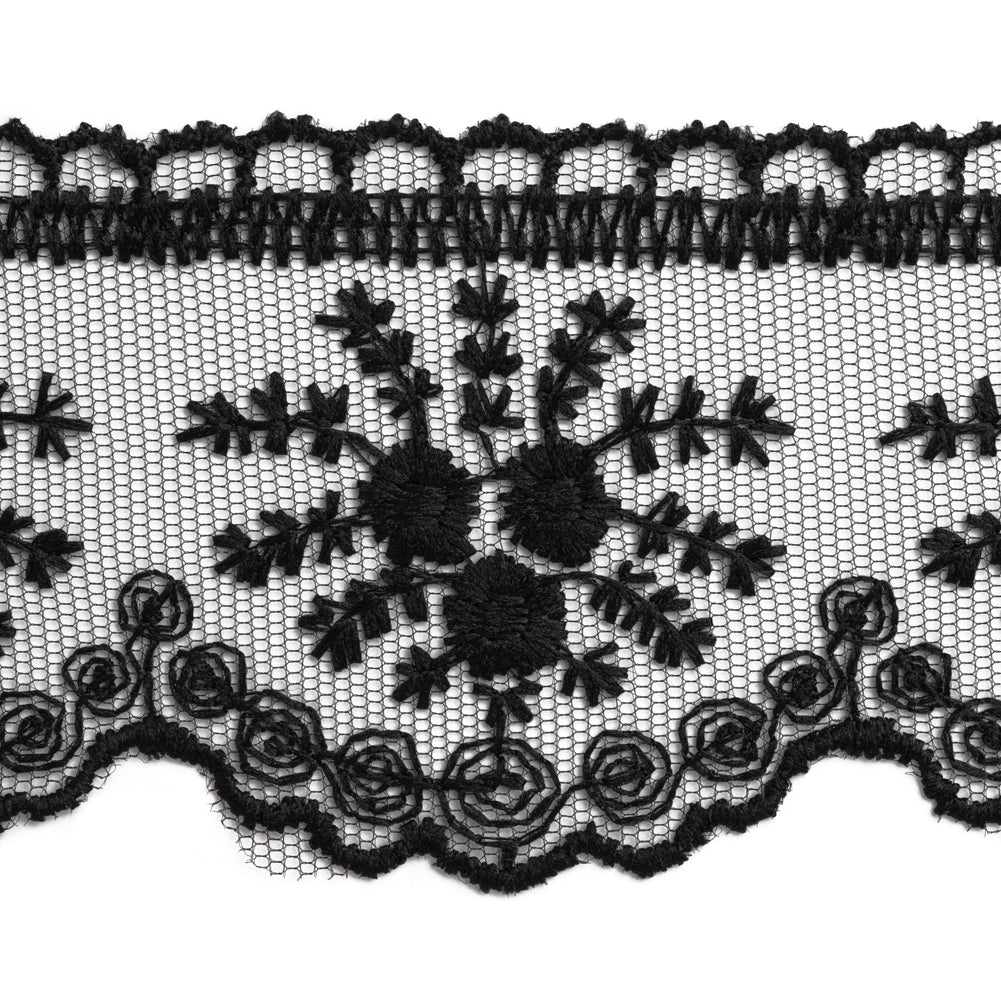 Embroidered Lace Trim with Scalloped Edge - 2.5" - Black Flower Bouquets - Folded