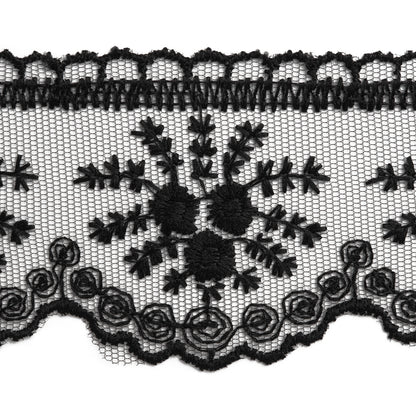 Embroidered Lace Trim with Scalloped Edge - 2.5" - Black Flower Bouquets