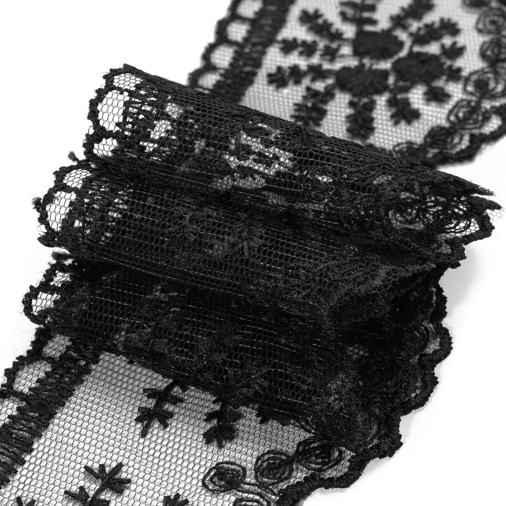 Embroidered Lace Trim with Scalloped Edge - 2.5" - Black Flower Bouquets - Detail
