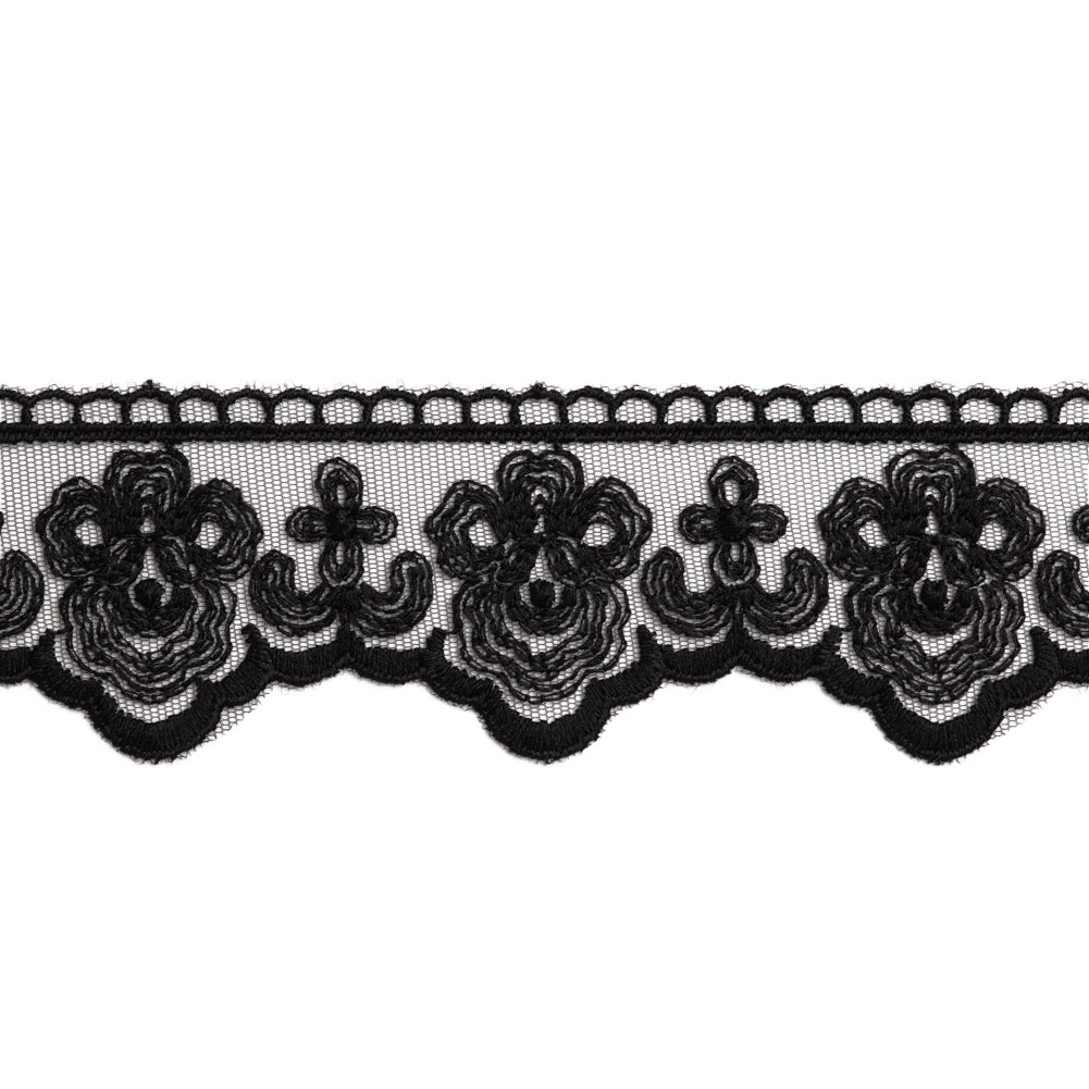 Embroidered Lace Trim with Scalloped Edge - 2" - Black Roses - Folded