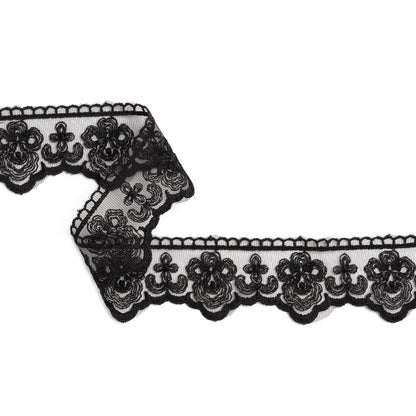 Embroidered Lace Trim with Scalloped Edge - 2" - Black Roses
