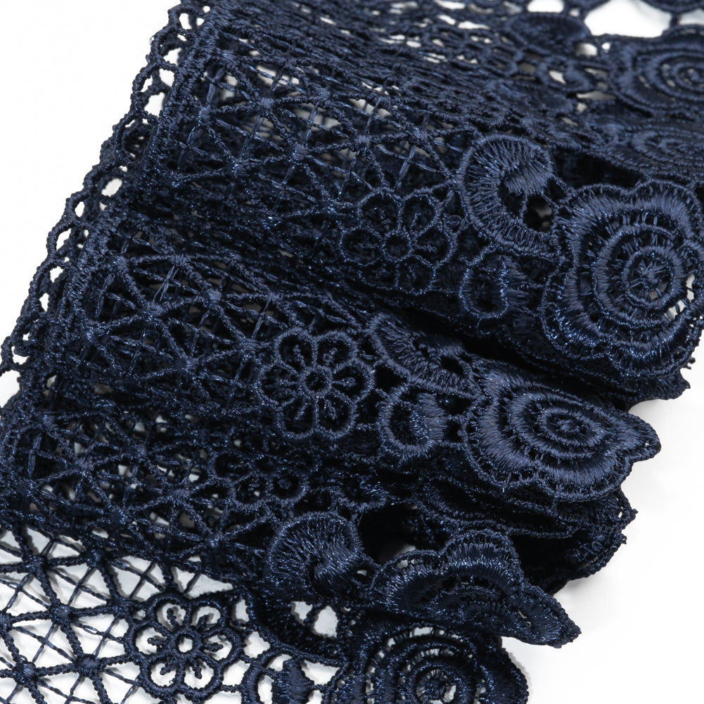 Venise Lace Trim with Scalloped Edge - 3" - Navy Blue Lattice and Roses - Detail