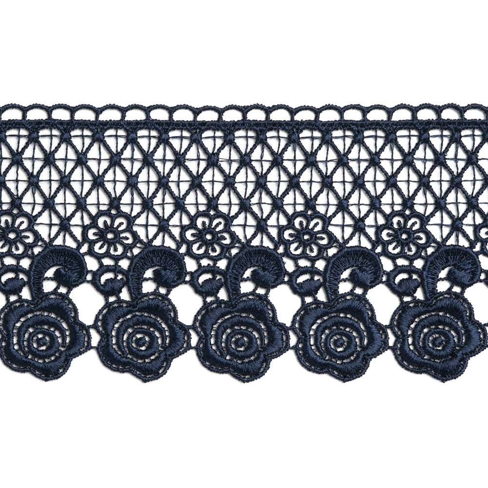 Venise Lace Trim with Scalloped Edge - 3" - Navy Blue Lattice and Roses