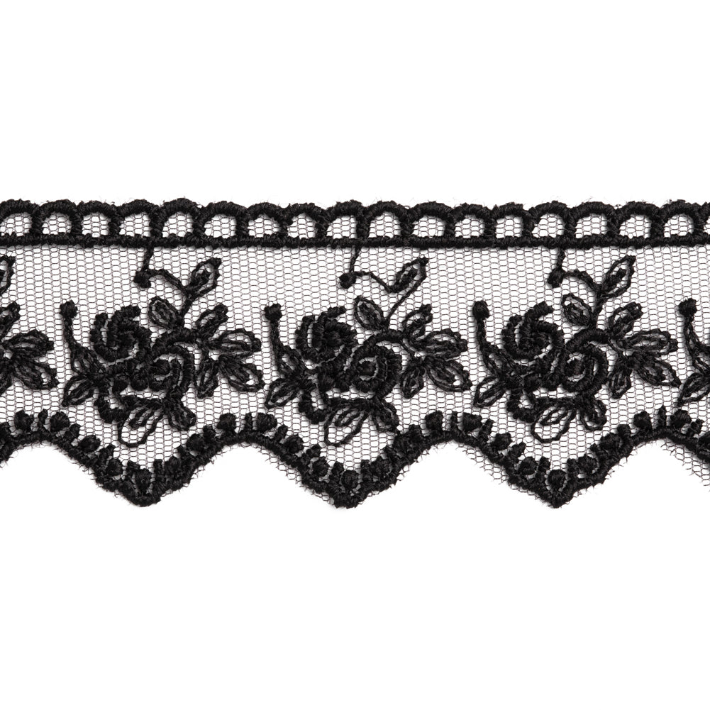 Embroidered Lace with Scalloped Edge - 1.5" - Black Rose Bouquets - Folded
