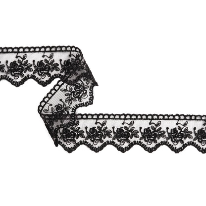 Embroidered Lace with Scalloped Edge - 1.5" - Black Rose Bouquets