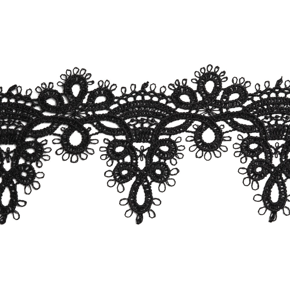 Venise Lace Trim with Finished Edges - 2.5" - Black Faux Tatting Loops - Folded