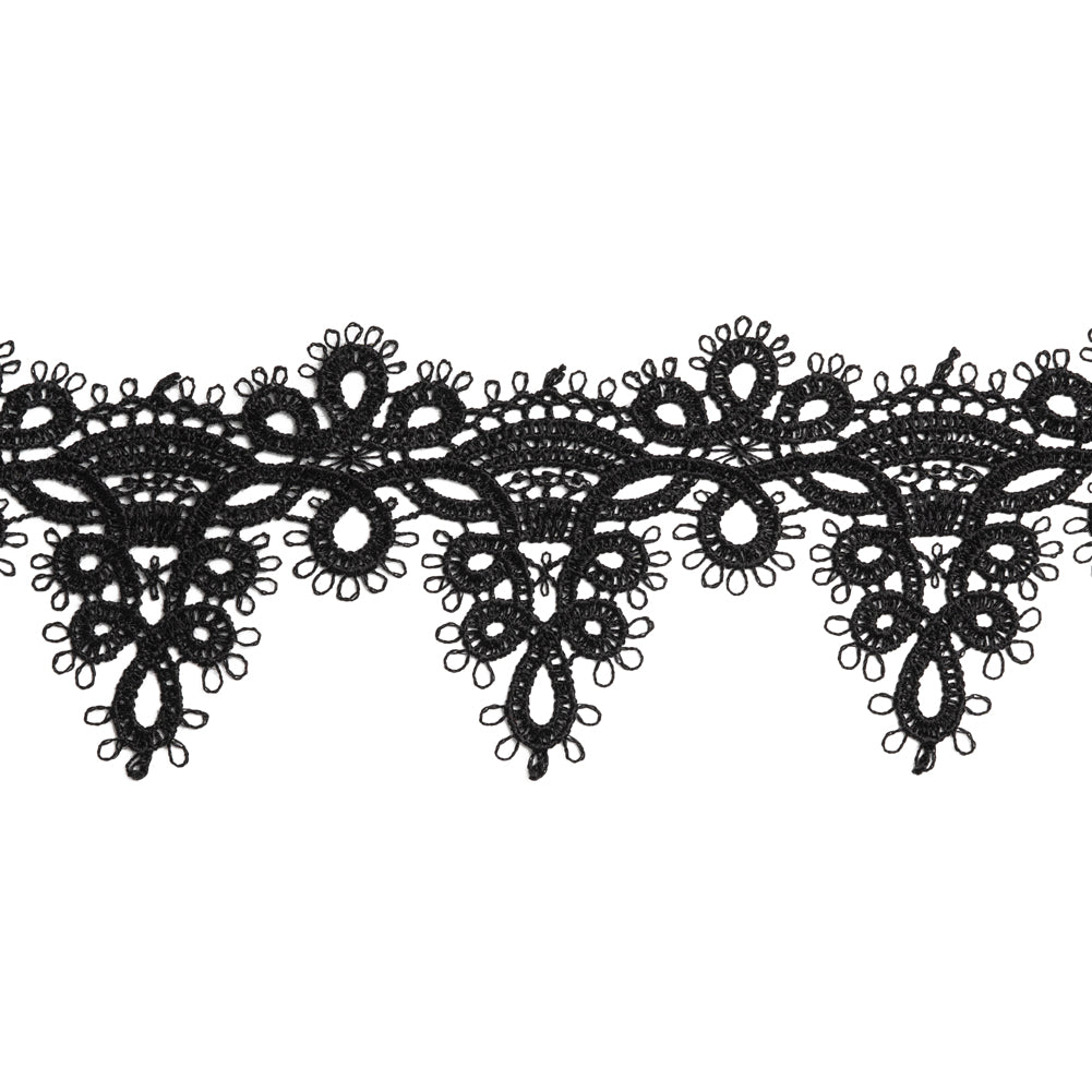 Venise Lace Trim with Finished Edges - 2.5" - Black Faux Tatting Loops