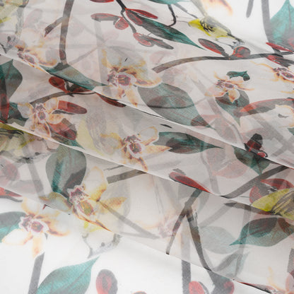 Silk Organza Print - Cream, Dark Red and Green Floral