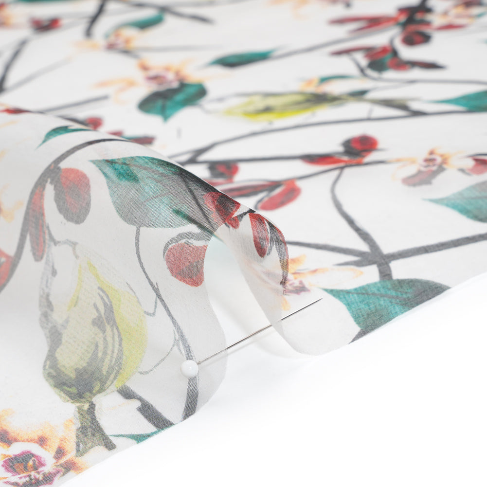 Silk Organza Print - Cream, Dark Red and Green Floral - Detail