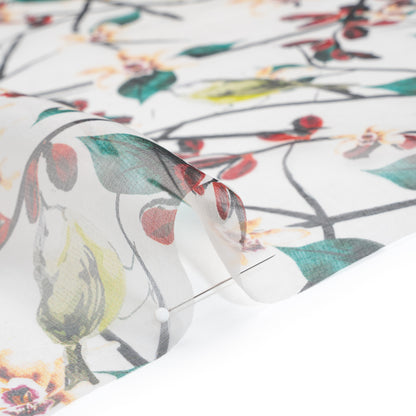 Silk Organza Print - Cream, Dark Red and Green Floral