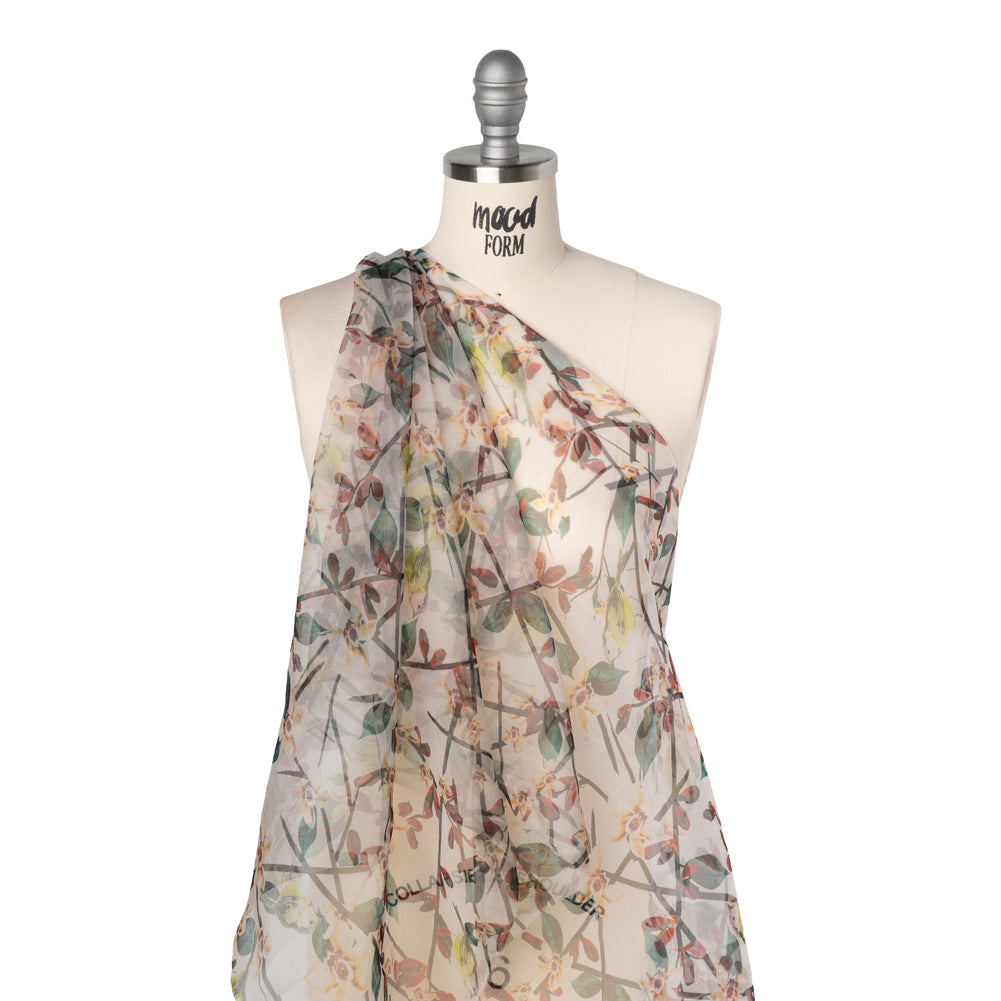 Silk Organza Print - Cream, Dark Red and Green Floral - Drape