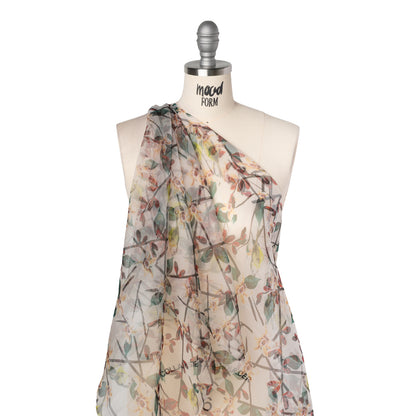 Silk Organza Print - Cream, Dark Red and Green Floral