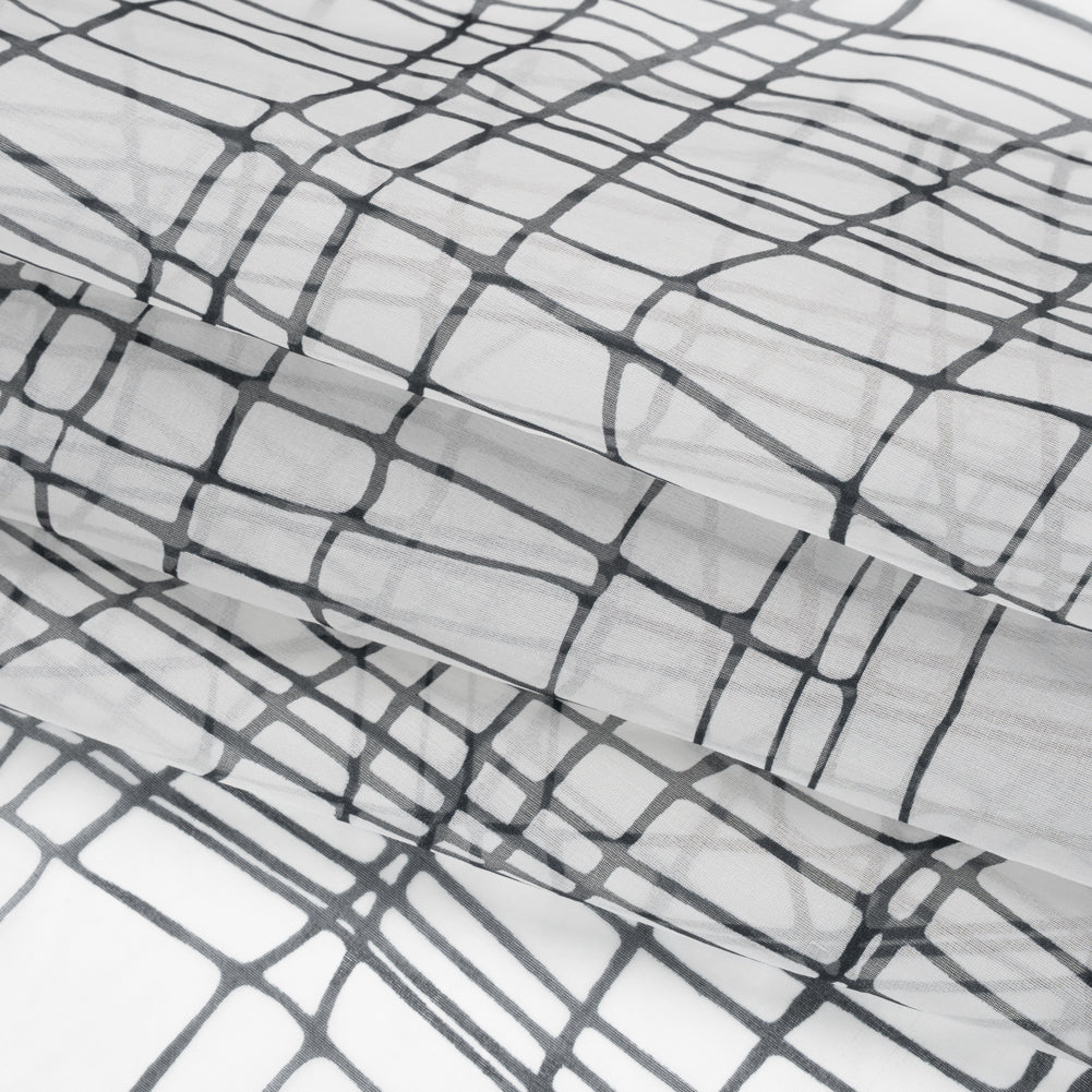 Silk Organza Print - Black and White Organic Grid - Folded