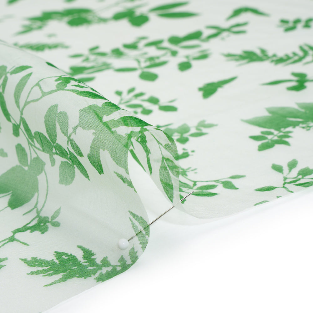 Silk Organza Print - Green and Cream Leaf Silhouettes - Detail