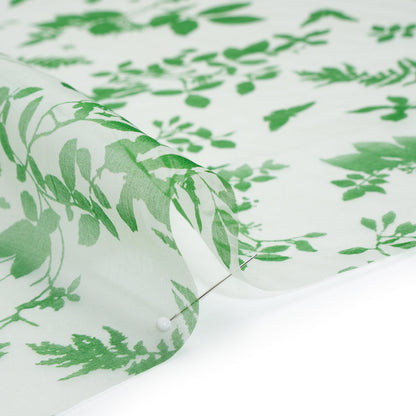 Silk Organza Print - Green and Cream Leaf Silhouettes
