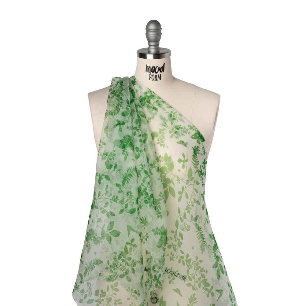 Silk Organza Print - Green and Cream Leaf Silhouettes - Drape