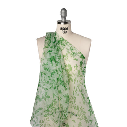 Silk Organza Print - Green and Cream Leaf Silhouettes