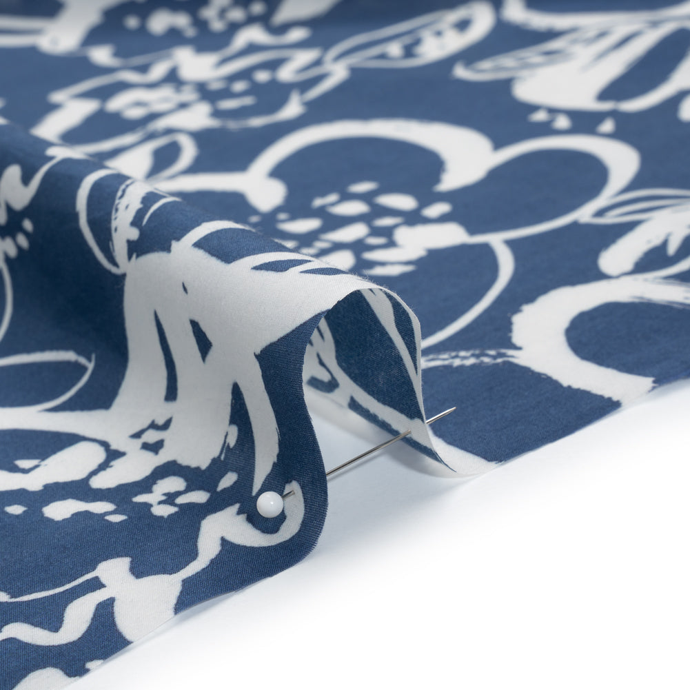 Silk and Cotton Voile Print - Bright Navy and White Painterly Flowers - Detail