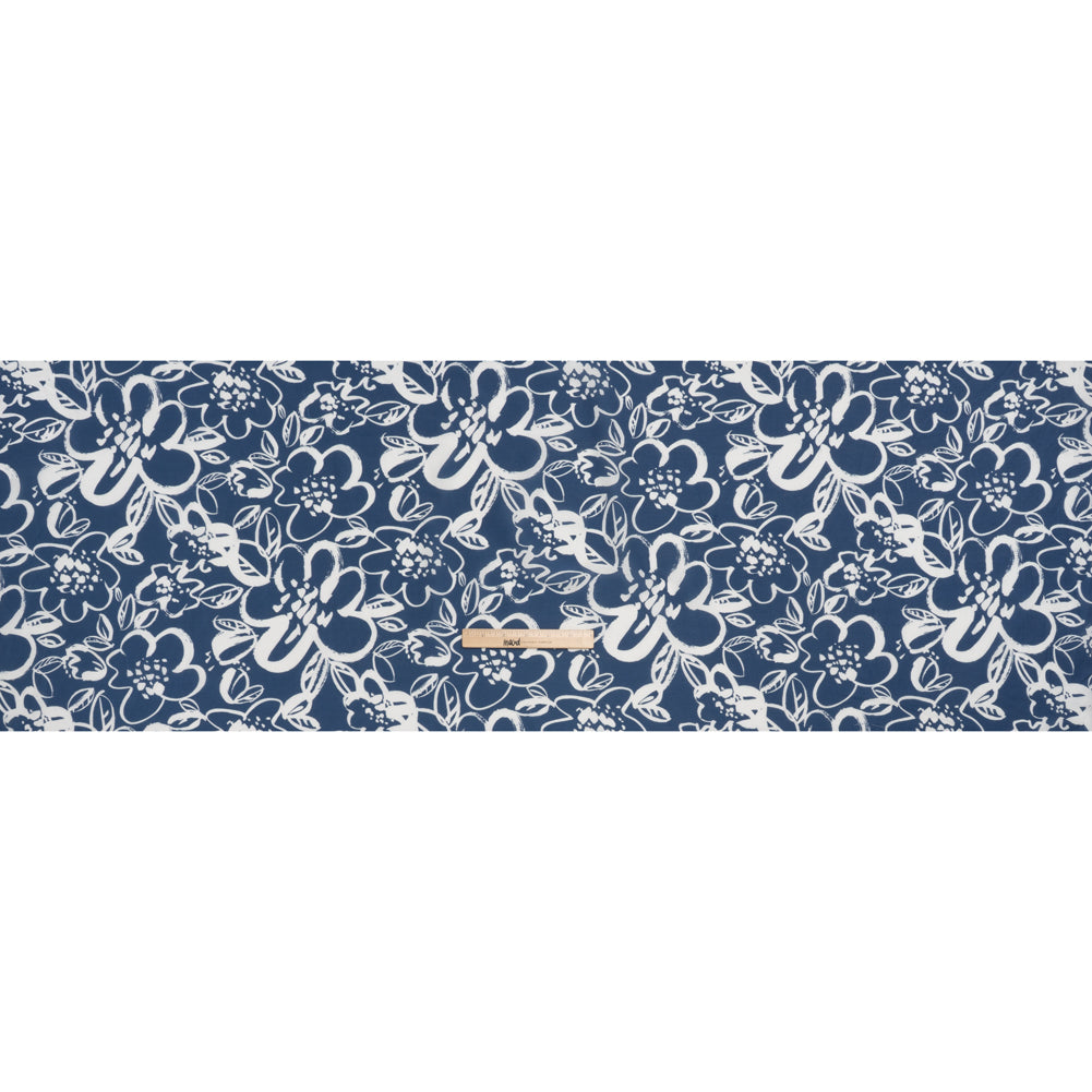 Silk and Cotton Voile Print - Bright Navy and White Painterly Flowers - Full
