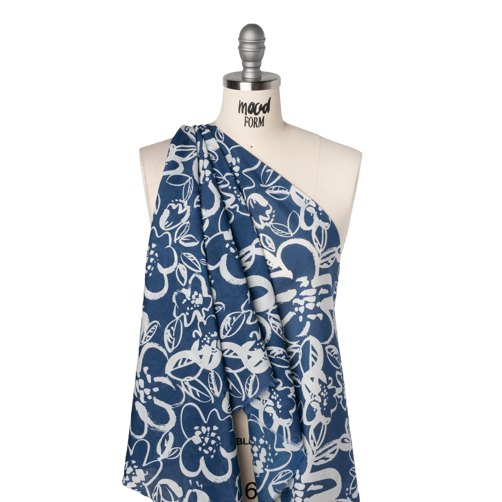 Silk and Cotton Voile Print - Bright Navy and White Painterly Flowers - Drape