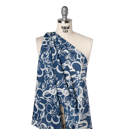 Silk and Cotton Voile Print - Bright Navy and White Painterly Flowers